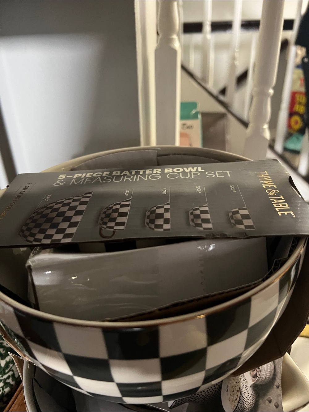 Checkered Mixing Bowl & Measuring Cup Set - Black and White